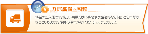 入居準備～引越　待望のご入居です。慌しい時期だけに手続きや諸連絡など何かと忘れがちなこともあります。準備の漏れがないよう、チェックしましょう。