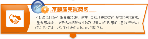 不動産売買契約　不動産会社から「重要事項説明」を受けた後、「売買契約」が交わされます。「重要事項説明」をその場で理解するのは難しいので、事前に書類をもらい読んでおきましょう。手付金の支払いも必要です。