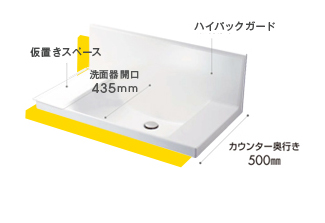 奥行き500mmのコンパクト設計でありながら、洗面器容量16Lと、スペースと大開口を両立。